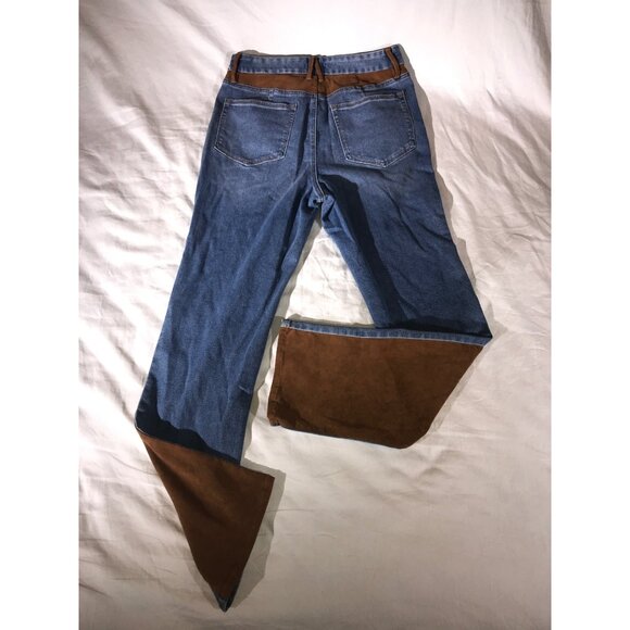 Good American Women's Two-Tone Brown Faux Suede/ Blue Denim Jeans Indigo 081 - Picture 2 of 9